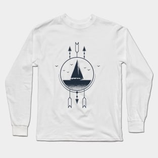 Creative Illustration In Geometric Style. Ship In The Sea. Adventure, Travel And Nautical Long Sleeve T-Shirt